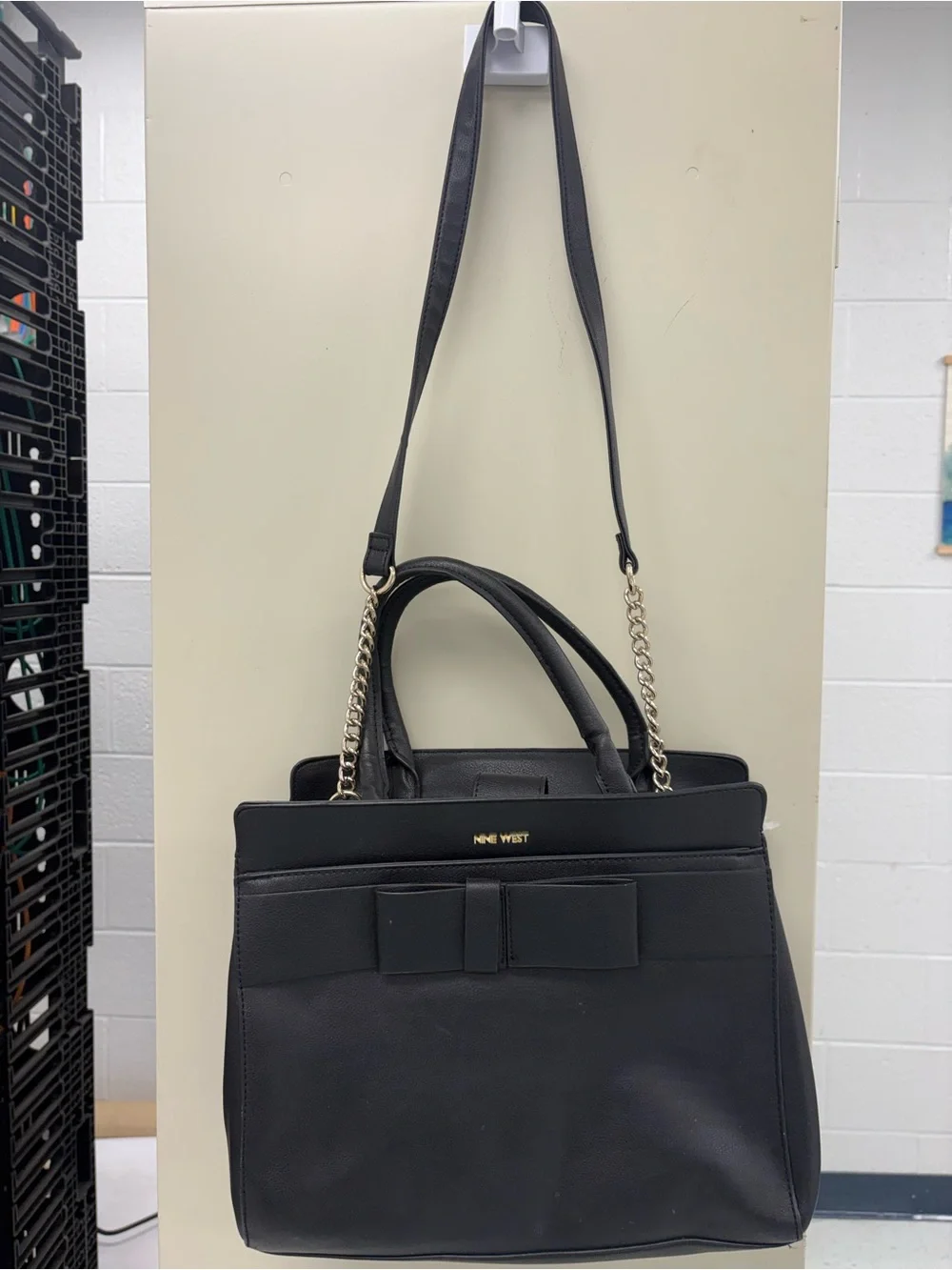 Nine West Black Faux Leather Bow Accented Satchel Shoulder Bag. EUC
